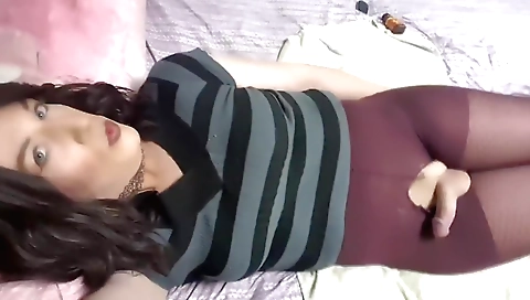 Horny shemale with huge tits masturbates and sucks toy