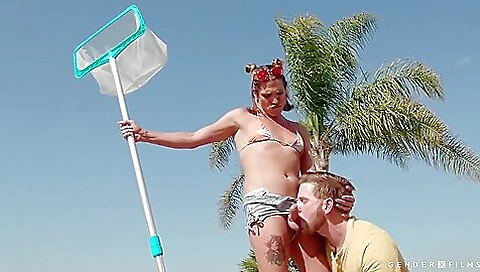 Blonde in the pool with a big ass getting deep throat