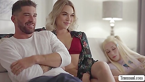 Blonde with a round ass rides a big dick on a white couch