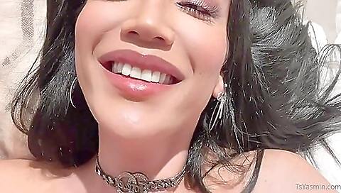 Skinny brunette shemale with big booty rides a big dick