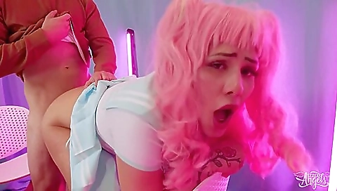 Busty redhead with a hot tattooed pussy is giving a blowjob