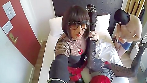 Sexy blonde babe in stockings fucks two horny guys