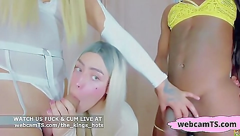 Ebony shemale gets fucked at different places in threesome