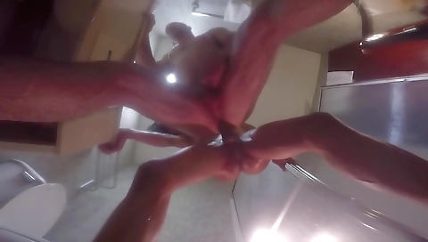 Ebony shemale fucked in the shower and gets her pussy fucked