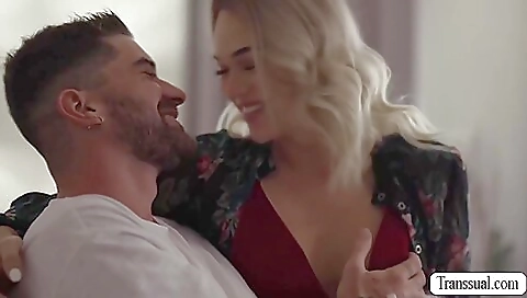 Busty blonde shemale with a big ass fucks a big dick